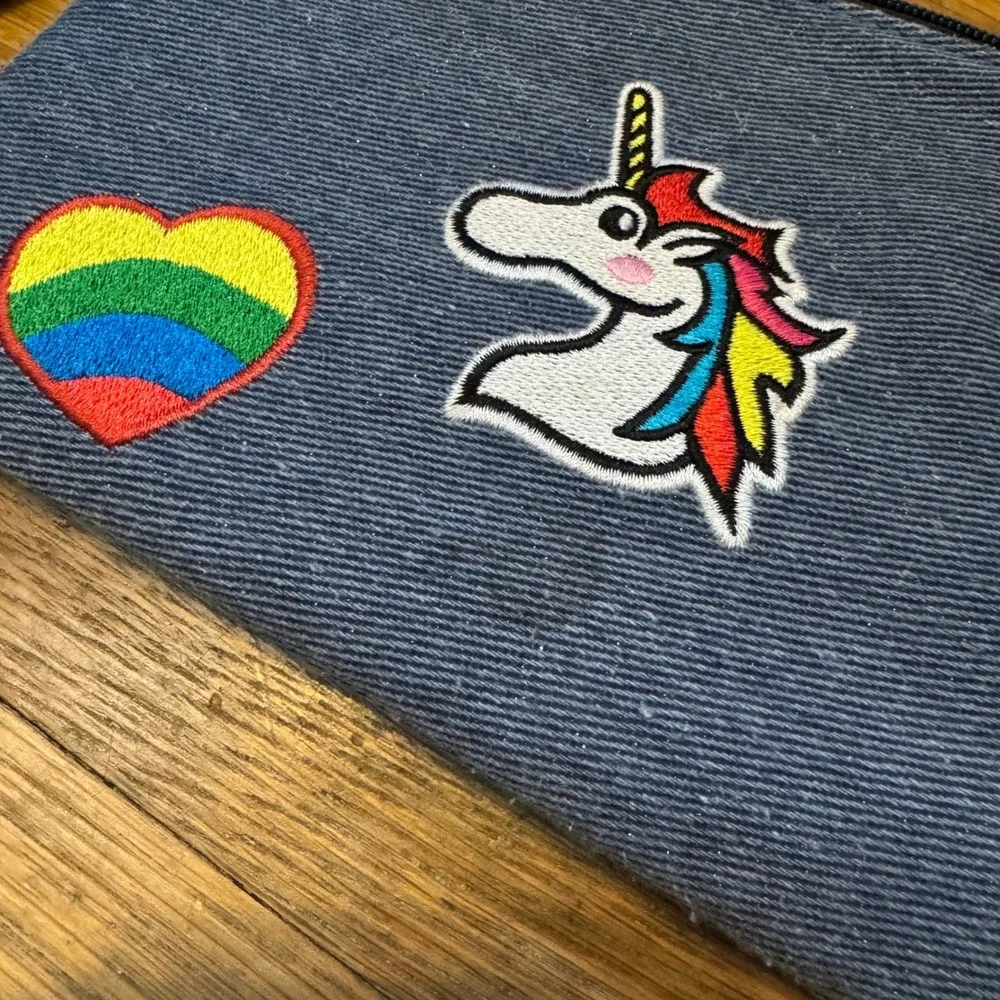 Blue Denim Wristlet Pouch‎ Unicorn Rainbow Heart Smiley Glitter Sparkle Bag Y2K